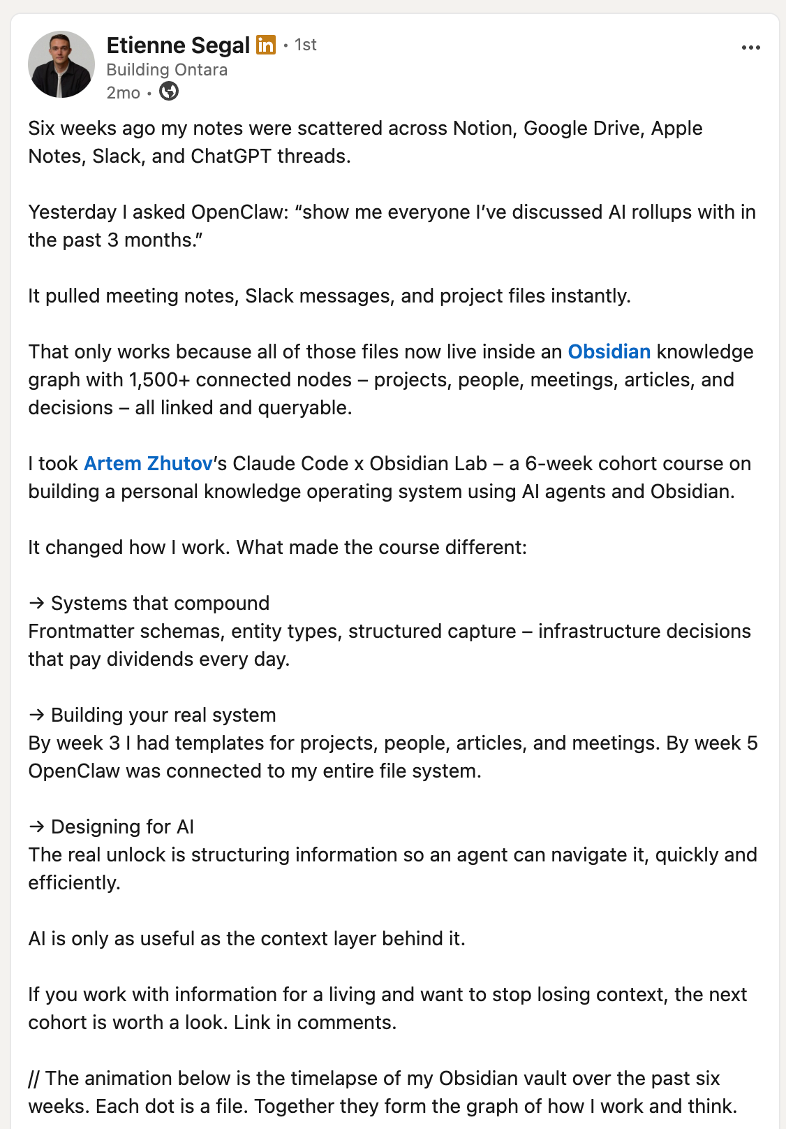 LinkedIn post by Etienne Segal (Building Ontara) about Artem Zhutov's Claude Code x Obsidian Lab
